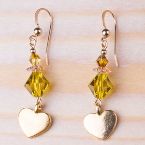 Gold heart crystal earrings, Yellow crystal earrings, Heart gift earrings, Valentine heart earrings, Gold heart earrings, Romantic gift