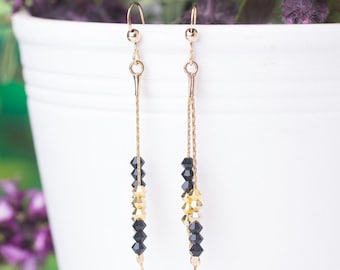 Gold threaders long earrings, Black and gold Swarovski earrings, Gold party earrings, Dainty crystal earrings