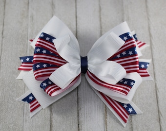 USA Red White and Blue Stars and Stripes Patriotic Fourth of July Hair Bow