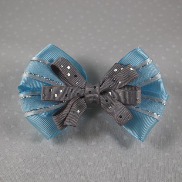 Baby Blue Silver Gray and White Stacked Hair Bow