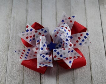 Patriotic Red White Blue Stars Fourth of July Hair Bow