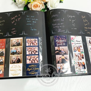 May include: A black photo album with a variety of photo strips inside. The album has a black cover with a white border and a silver clasp. The photo strips are in clear plastic sleeves and feature a variety of events, including weddings, sweet sixteens, and graduations. The album is a great way to store and display your favorite memories.