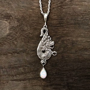 Dragon Pendant with Opal - 925 Sterling Silver- Oxidized Finish - Hand Cast - Silver Dragon Pendant -- Fantasy Jewelry