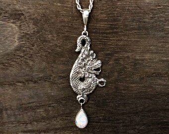 Dragon Pendant with Opal - 925 Sterling Silver- Oxidized Finish - Hand Cast - Silver Dragon Pendant -- Fantasy Jewelry