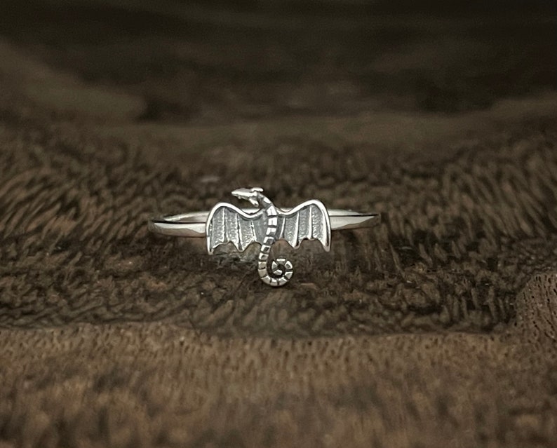 May include: A silver ring featuring a detailed dragon design. The dragon has outstretched wings, a long tail, and intricate scale detailing. The ring is set against a blurred, textured brown background.