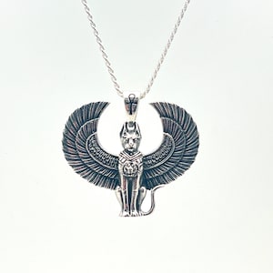 Bastet and Cross Egyptian Deity Pendant // 925 Sterling Silver // Egyptian Jewelry