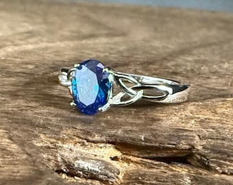 Celtic Blue Sapphire CZ Ring with Trinity Setting: 925 Sterling Silver, Sizes 4 to 12