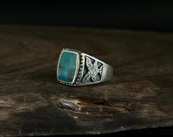 Sterling Silver Turquoise Thunderbird Ring: Etched Eagle Design