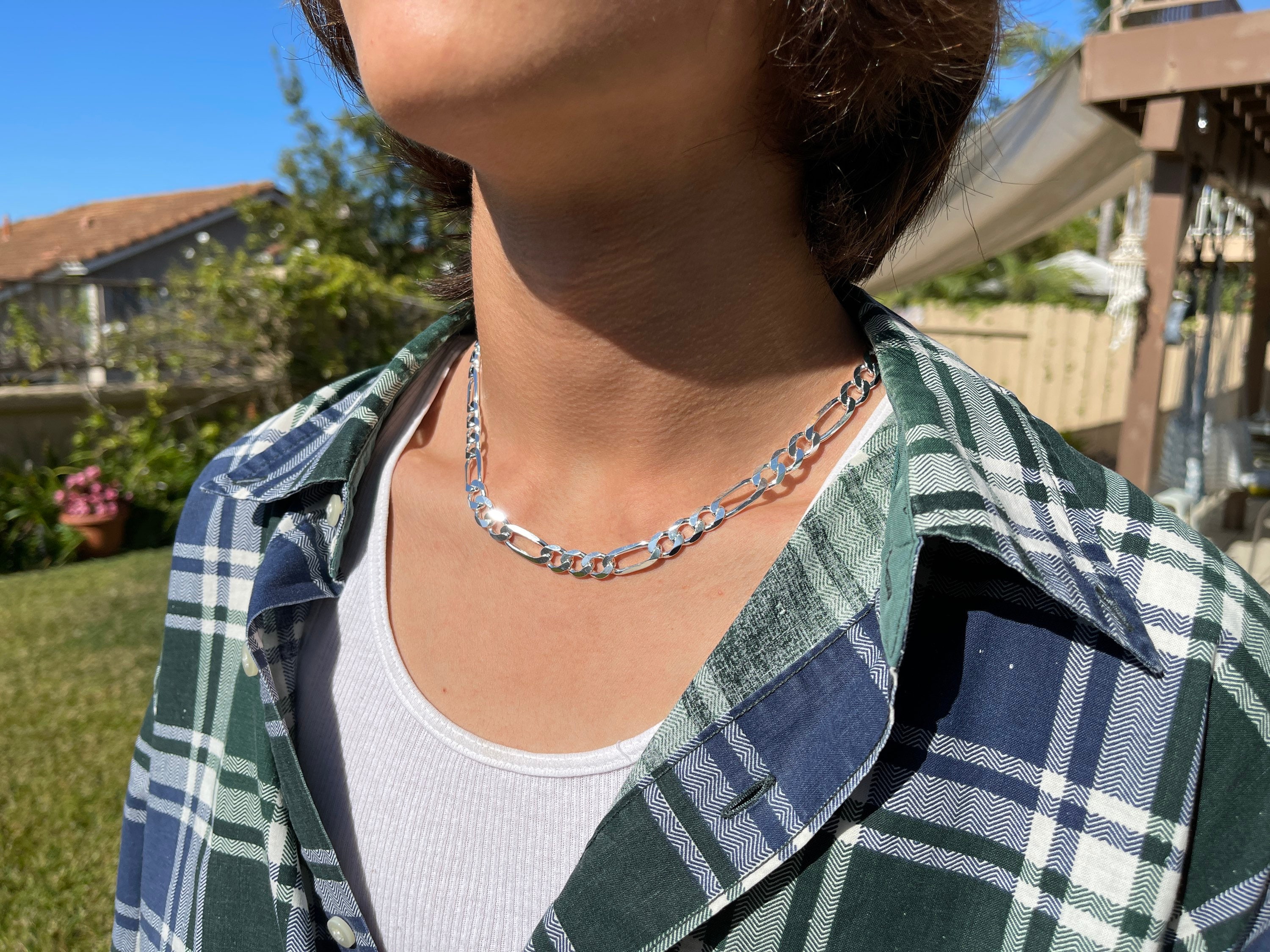 Unisex Italian Sterling Silver Figaro Chain Necklace