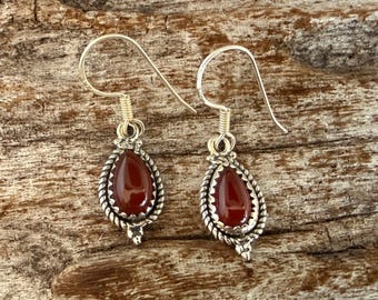 Western Teardrop Earrings with Red Carnelian- 925 Sterling Silver - Handmade