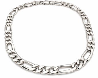 May include: A polished silver-tone figaro chain necklace featuring a repeating pattern of three small circular links followed by one elongated oval link, secured with a lobster claw clasp at the top center of the circular arrangement.