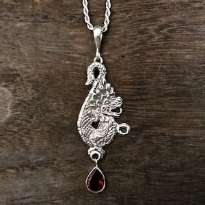 Dragon Pendant with Garnet - 925 Sterling Silver- Oxidized Finish - Hand Cast - Silver Dragon Pendant -- Fantasy Jewelry