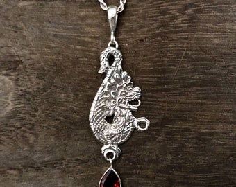 Dragon Pendant with Garnet - 925 Sterling Silver- Oxidized Finish - Hand Cast - Silver Dragon Pendant -- Fantasy Jewelry