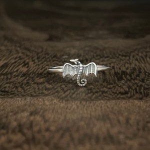 May include: A silver dragon ring with detailed wings and a curled tail. The ring is set against a textured brown background, highlighting the intricate design of the mythical creature. A unique piece of jewelry.