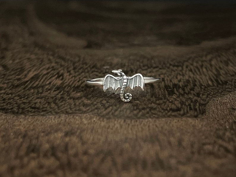 May include: A silver dragon ring with detailed wings and a curled tail. The ring is set against a textured brown background, highlighting the intricate design of the mythical creature. A unique piece of jewelry.