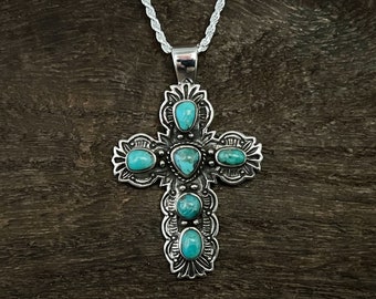 Southwest Style Turquoise Cross Pendant  - Handmade -- 925 Sterling Silver