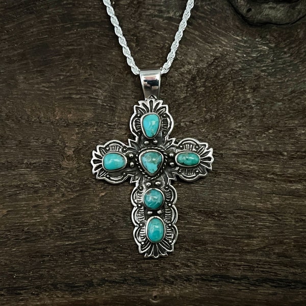 Southwest Style Turquoise Cross Pendant  - Handmade -- 925 Sterling Silver