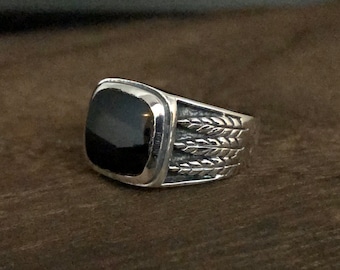 Sterling Silver Wheat Pattern Black Onyx Signet Ring