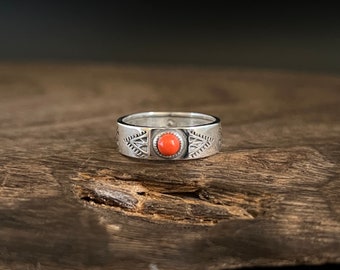 Western Coral Ring // Southwest Style Coral Ring // 925 Sterling Silver