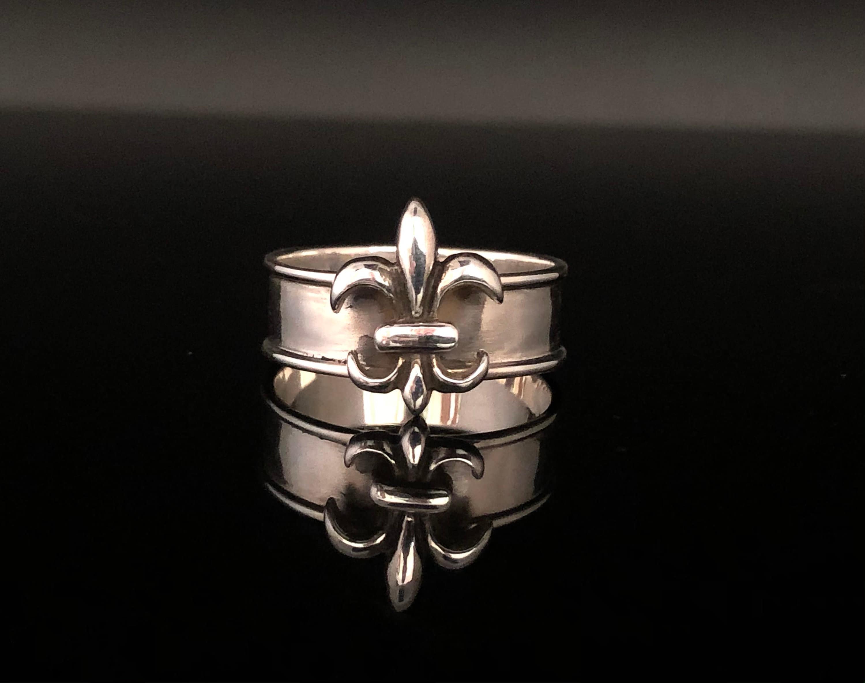 925 Sterling Silver Fleur De Lys With Black CZ Signet Heavy