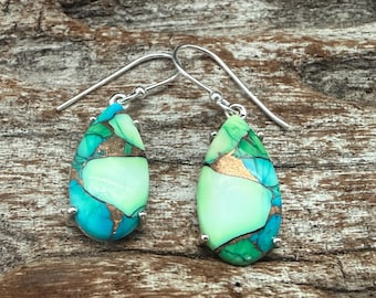 Ocean Wave Forest Dahlia Mohave Turquoise Earrings- 925 Sterling Silver - Handmade