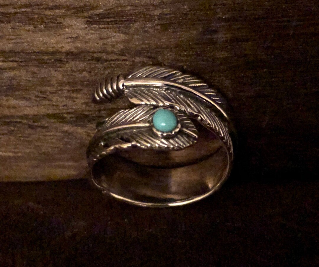 Turquoise Feather Ring // Southwest Design Silver Feather Ring With