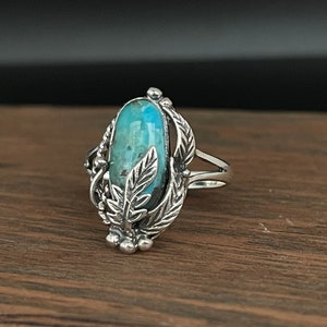 Southwestern Silver Turquoise Leaf Ring // 925 Sterling Silver // Oxidized // Western Jewelry