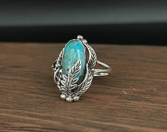 Southwestern Silver Turquoise Leaf Ring // 925 Sterling Silver // Oxidized // Western Jewelry