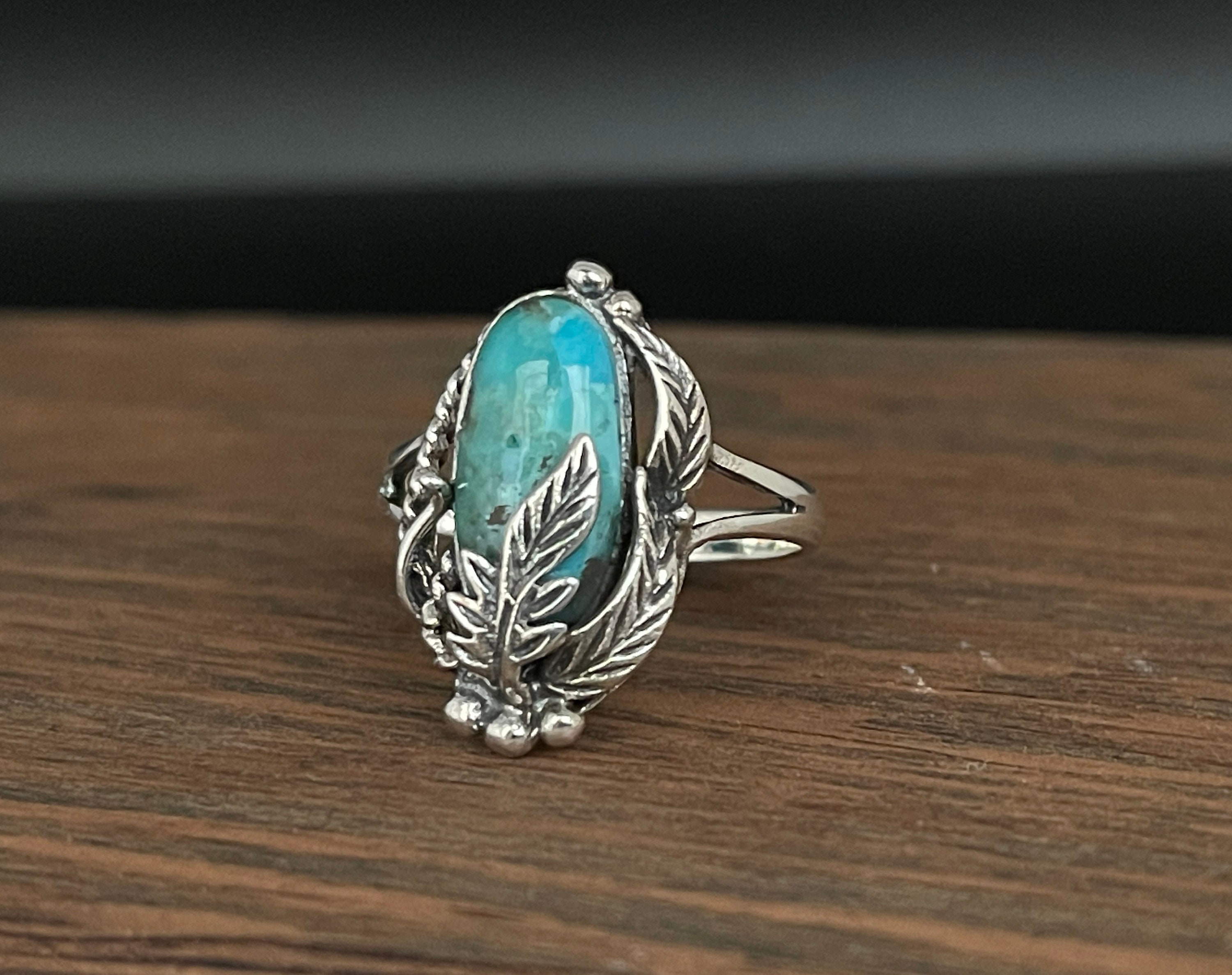 Southwestern Silver Turquoise Leaf Ring // 925 Sterling Silver // Oxidized // Western Jewelry