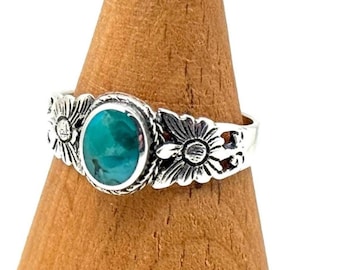 Western Sunflower Ring with Turquoise // 925 Sterling Silver // Sizes 5 to 10 // Handmade