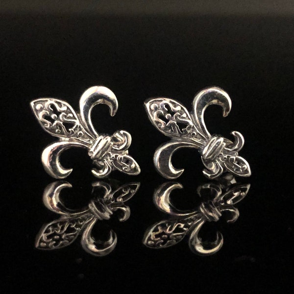 Fleur de Lis Stud Earrings - Fleur de Lis Studs - 925 Sterling Silver- Oxidized Finish