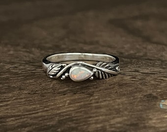 Sterling Silver Opal Leaf Ring - Southwestern Oxidized Design