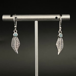 Southwest Style Feather Earrings with Larimar - 925 Sterling Silver - Western Feather Earrings