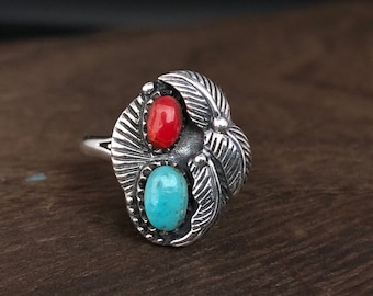 Turquoise and Coral Feather Ring: Southwest Sterling Silver Ring