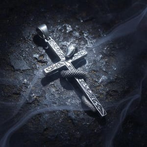 Oxidized Silver Cross Snake Pendant