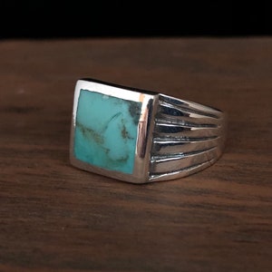 Squared Turquoise Ring  - Mens Turquoise Silver Ring - Southwest Style Turquoise Ring -- 925 Sterling Silver