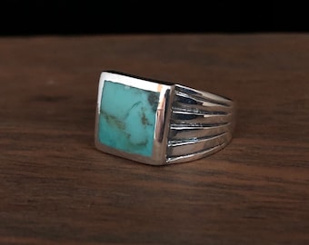 Squared Turquoise Ring: Mens Southwestern Sterling Silver
