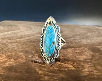Long Western Turquoise Ring - 925 Sterling Silver - Size 7, 8, 9