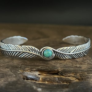 Sterling Silver Feather Bracelet with Turquoise - 925 Sterling Silver