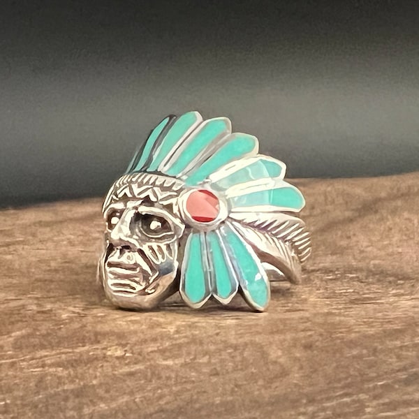 Indian Chief Ring  // 925 Sterling Silver // Men's Indian Headdress Ring // Sizes 8 to 12