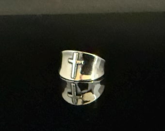 Sterling Silver Christian Cross Ring: Oxidized Handmade Band - Main Image