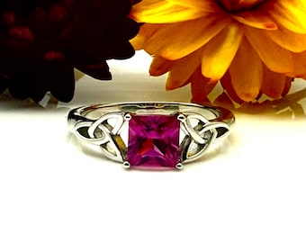 Celtic Princess Cut Pink Sapphire CZ Ring: 925 Sterling Silver