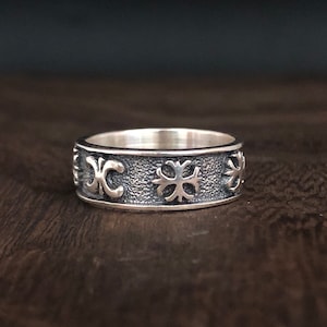 Fleur De Lis Cross Band Silver Ring // 925 Sterling Silver // Oxidized