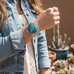 Western Design Chrysocolla Malachite Cuff Bracelet -- 925 Sterling Silver - Handmade