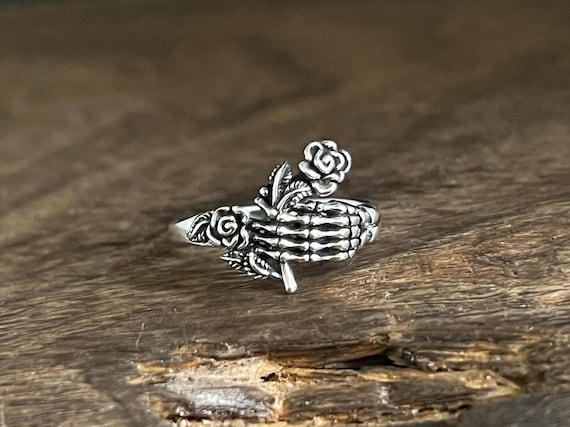 Oxidized Sterling Silver Skeleton Hand Rose Ring