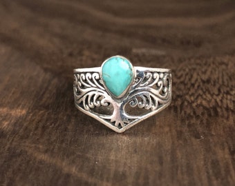 Sterling Silver Tree of Life Ring: Genuine Turquoise, Celtic Design