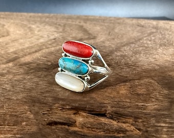 Bague western avec plusieurs pierres, turquoise, corail et nacre, argent sterling 925, tailles 5 à 10
