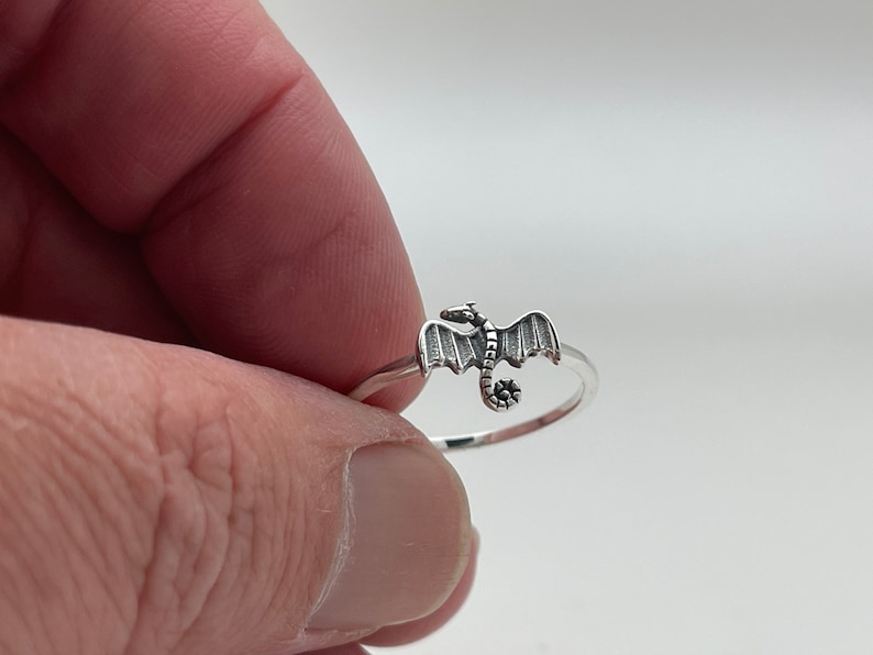 May include: A silver dragon ring. The ring features a detailed dragon with outstretched wings and a curled tail. The dragon is the focal point of the ring, with a polished finish. The ring is a delicate piece of jewelry.