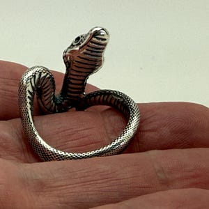 May include: A silver-toned metal ring shaped like a coiled snake. The ring features a textured, scale-like pattern along the body of the snake, with a raised head and defined facial features including eyes and a mouth, forming a continuous loop.