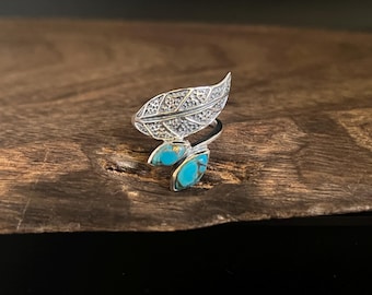 Oxidized Sterling Silver Turquoise Feather Ring